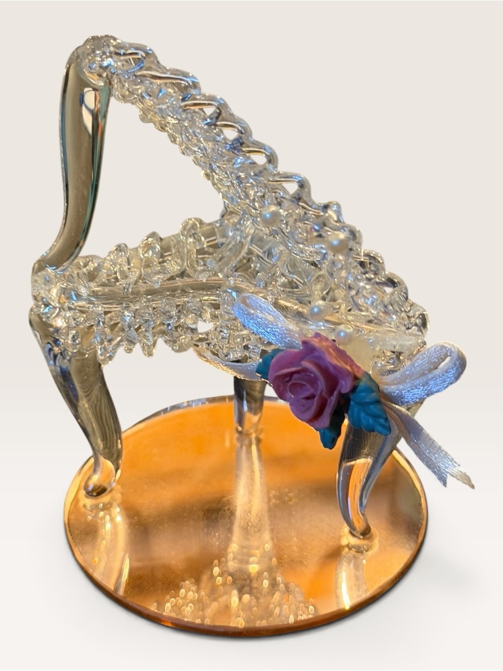 Vintage Glass Baron Grand Piano Figurine Pink Rose Mirrored Base Miniature